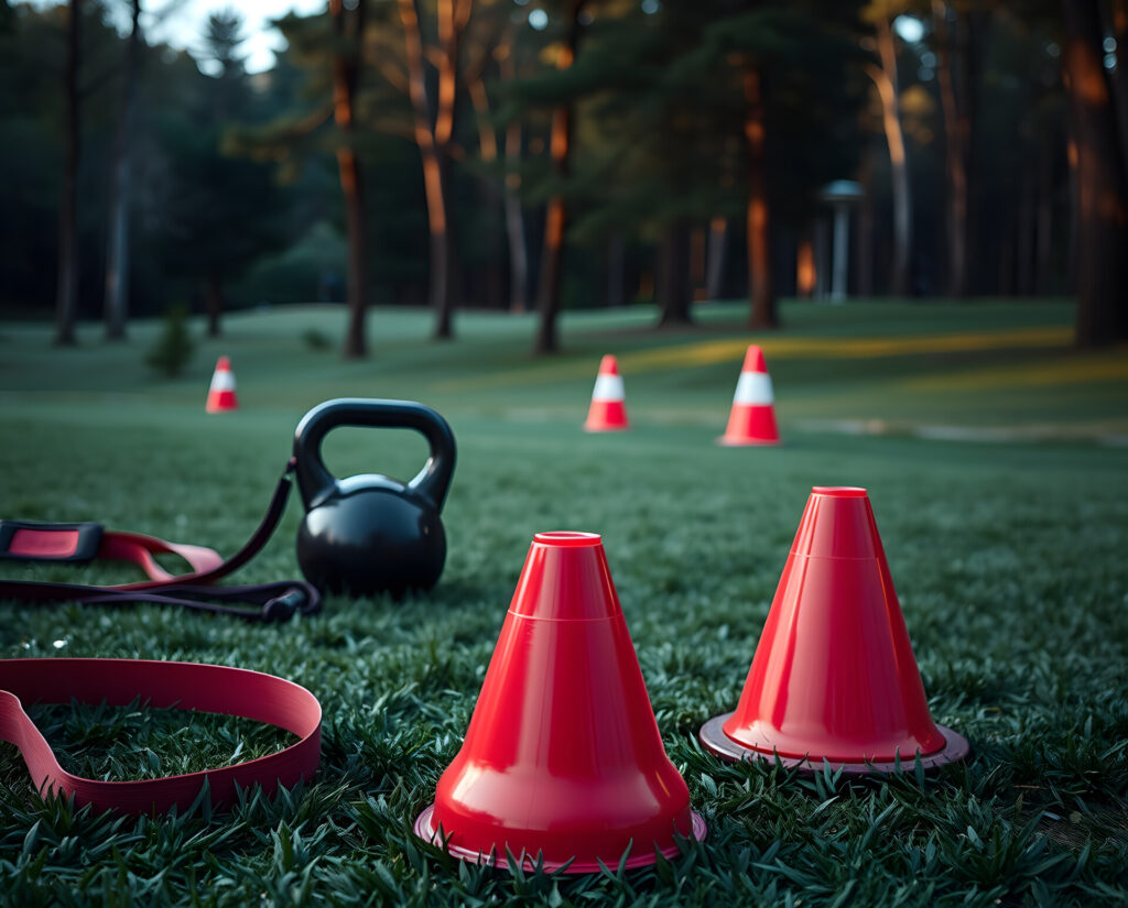Red cones, resistance bands, and a kettlebell set up on grass for outdoor sports reaction drills to improve athletic performance.